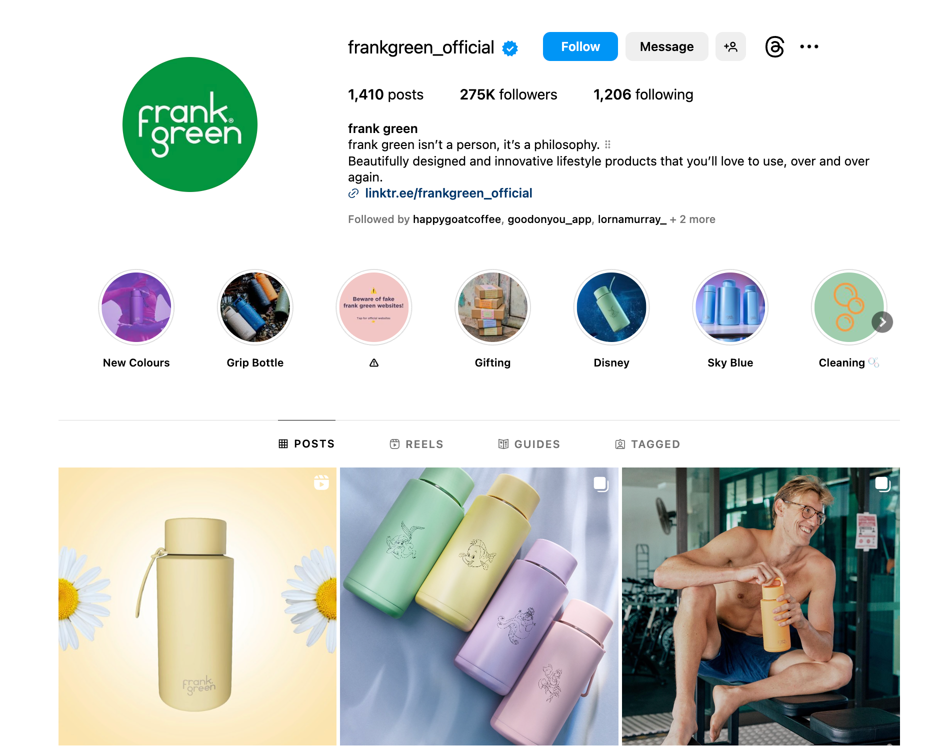 Instagram bio page for brand Frank Green showing useful content to gain Instagram followers