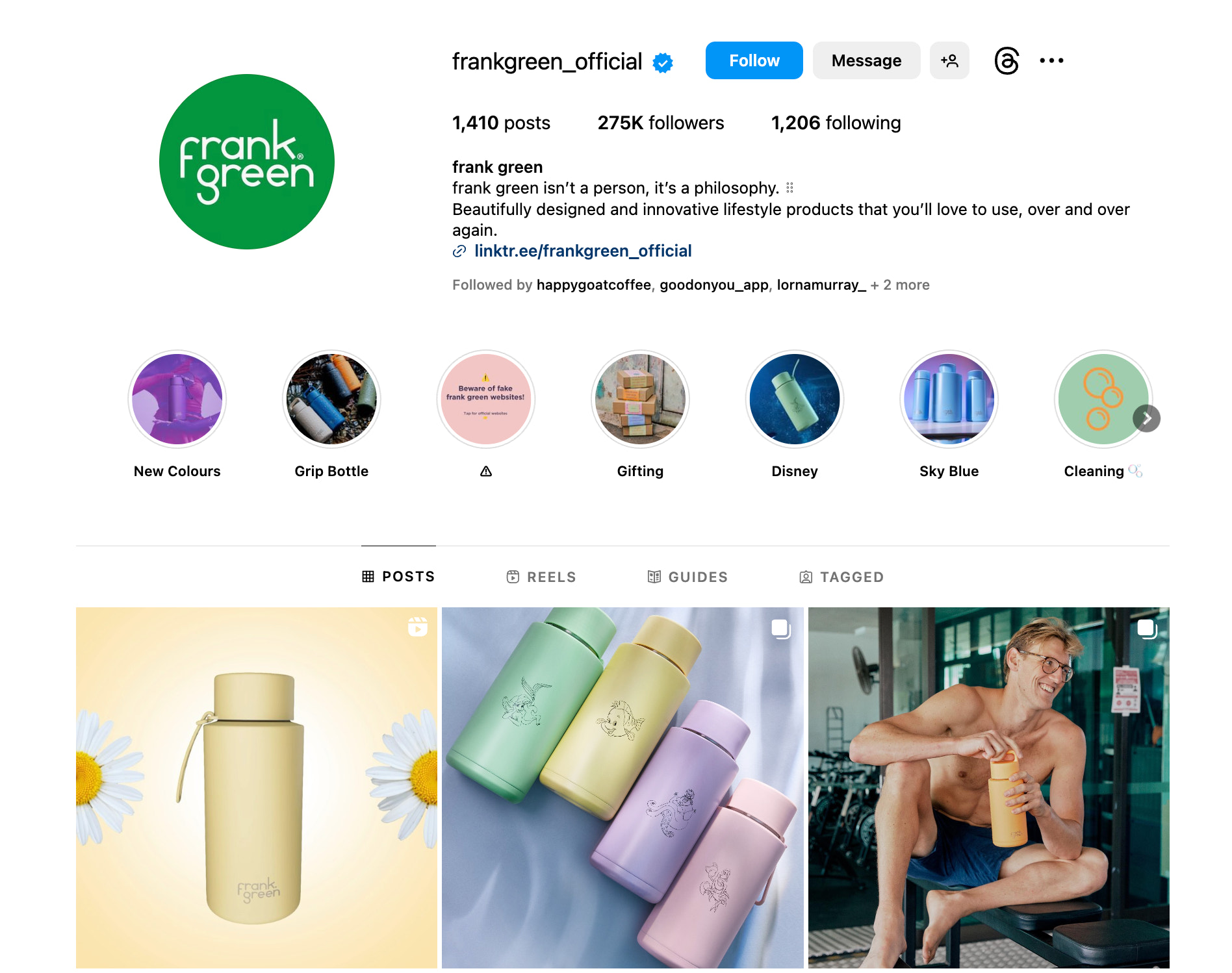 Instagram bio page for brand Frank Green