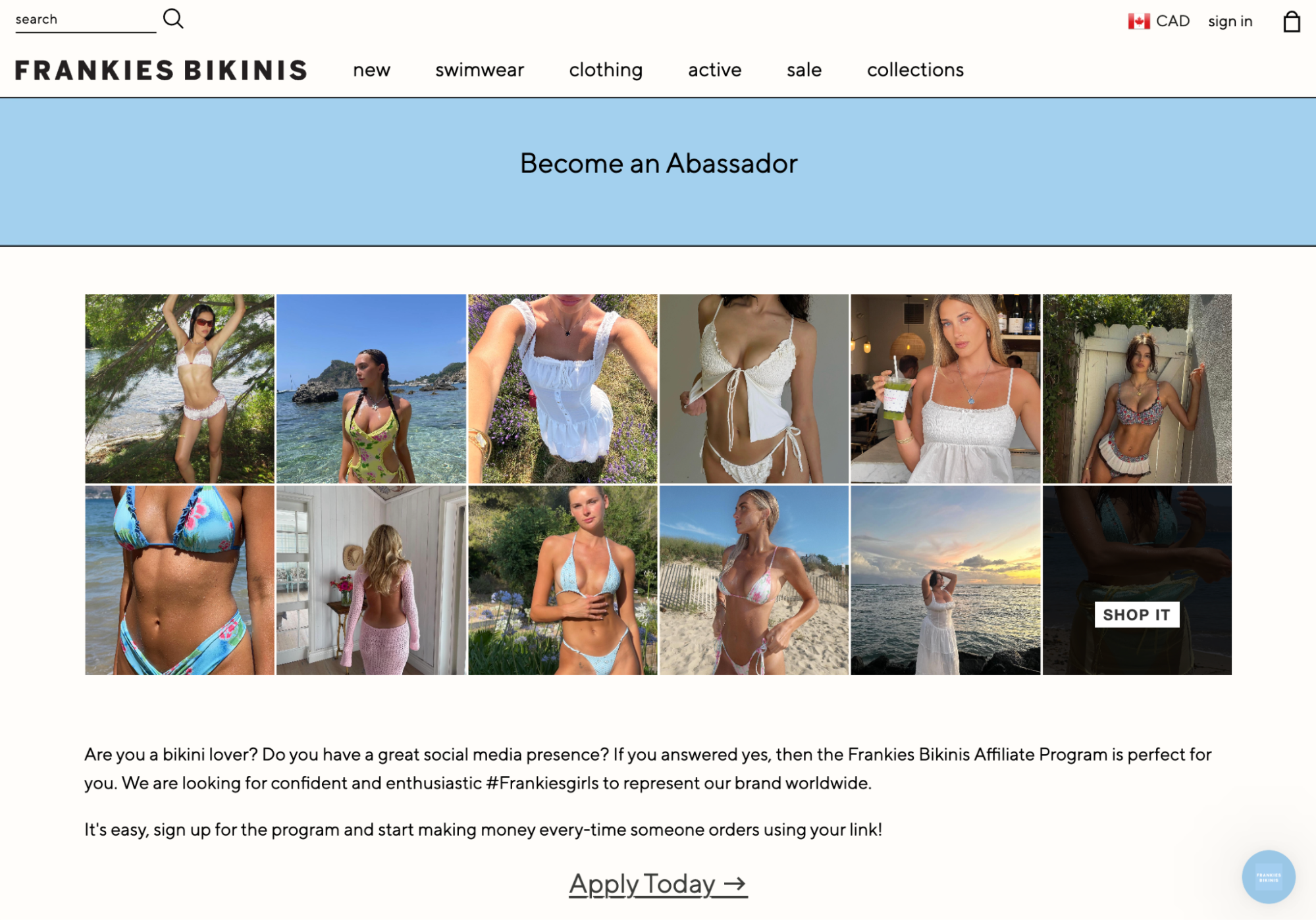 Frankies Bikinis affiliate signup page showing content of influencers wearing bikinis.