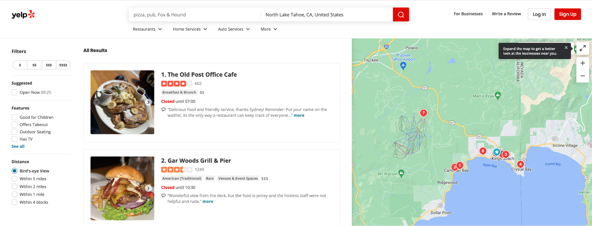 Yelp search results for businesses in North Lake Tahoe. 