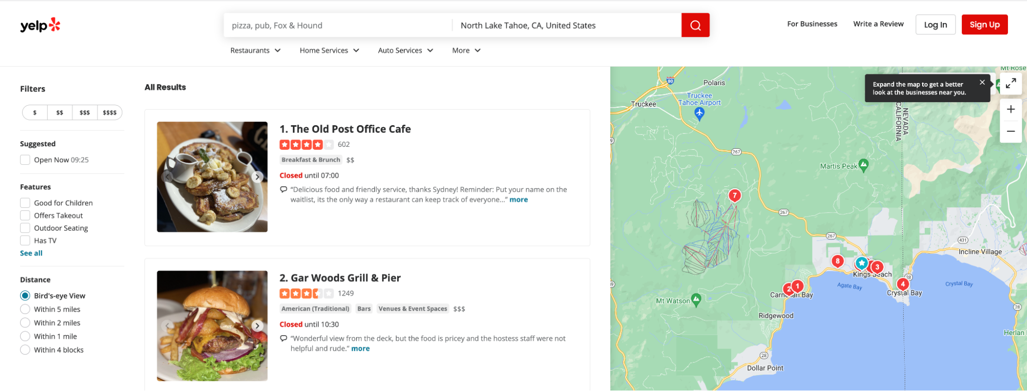 Résultats de recherche de Yelp entreprises à North Lake Tahoe.