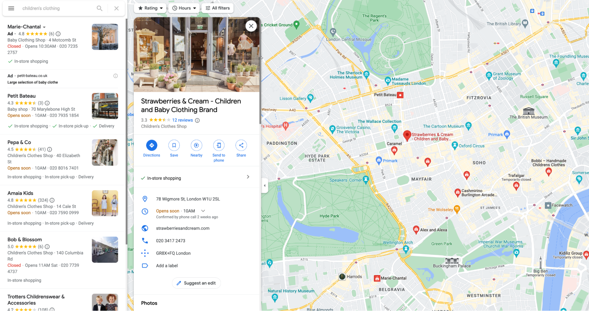 Résultats Google Maps pour « vêtements pour enfants » montrant un détaillant à Londres.