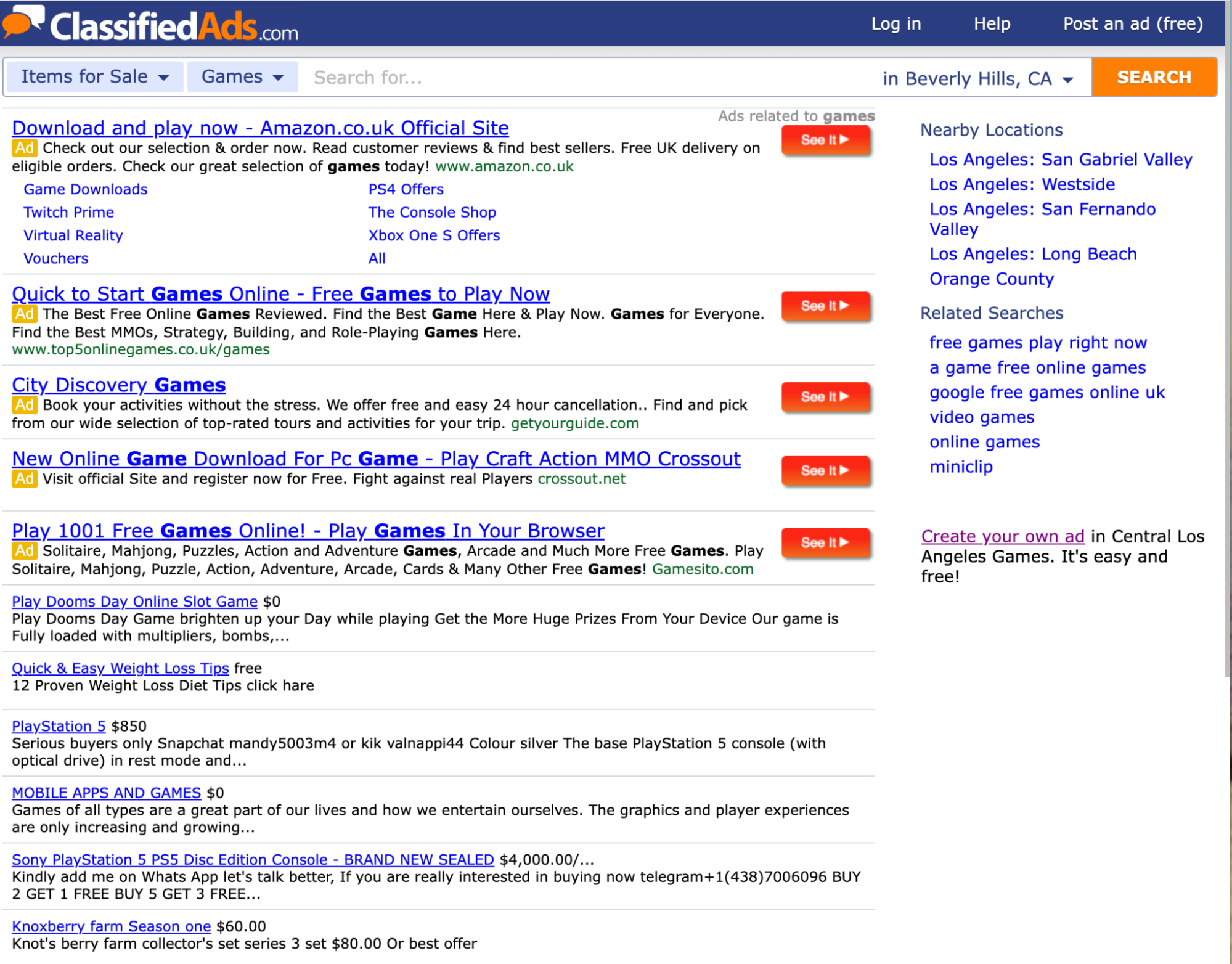 ClassifiedAds.com’s list of gaming advertisements.