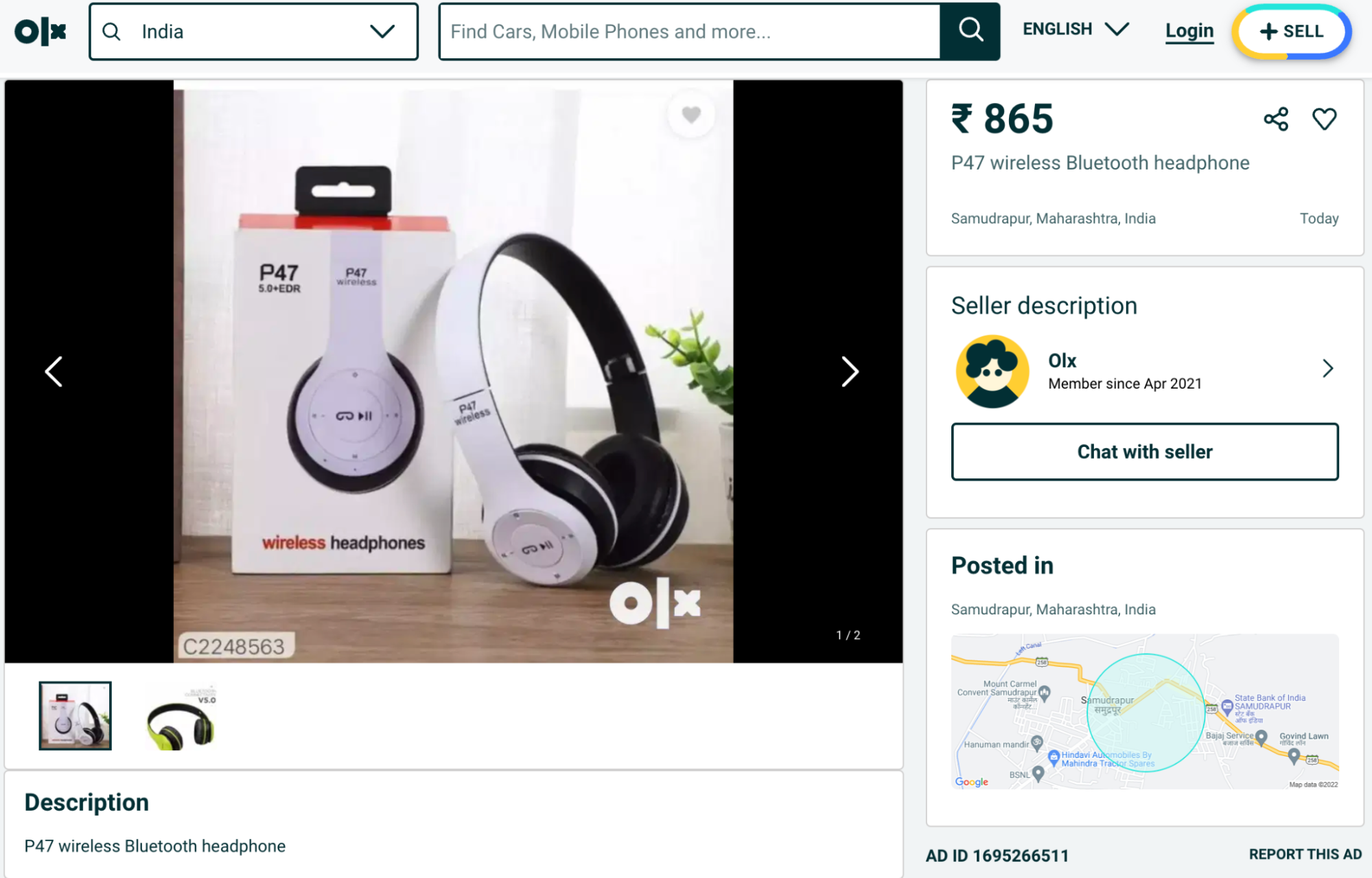 OLX product listing for bluetooth wireless headphones.