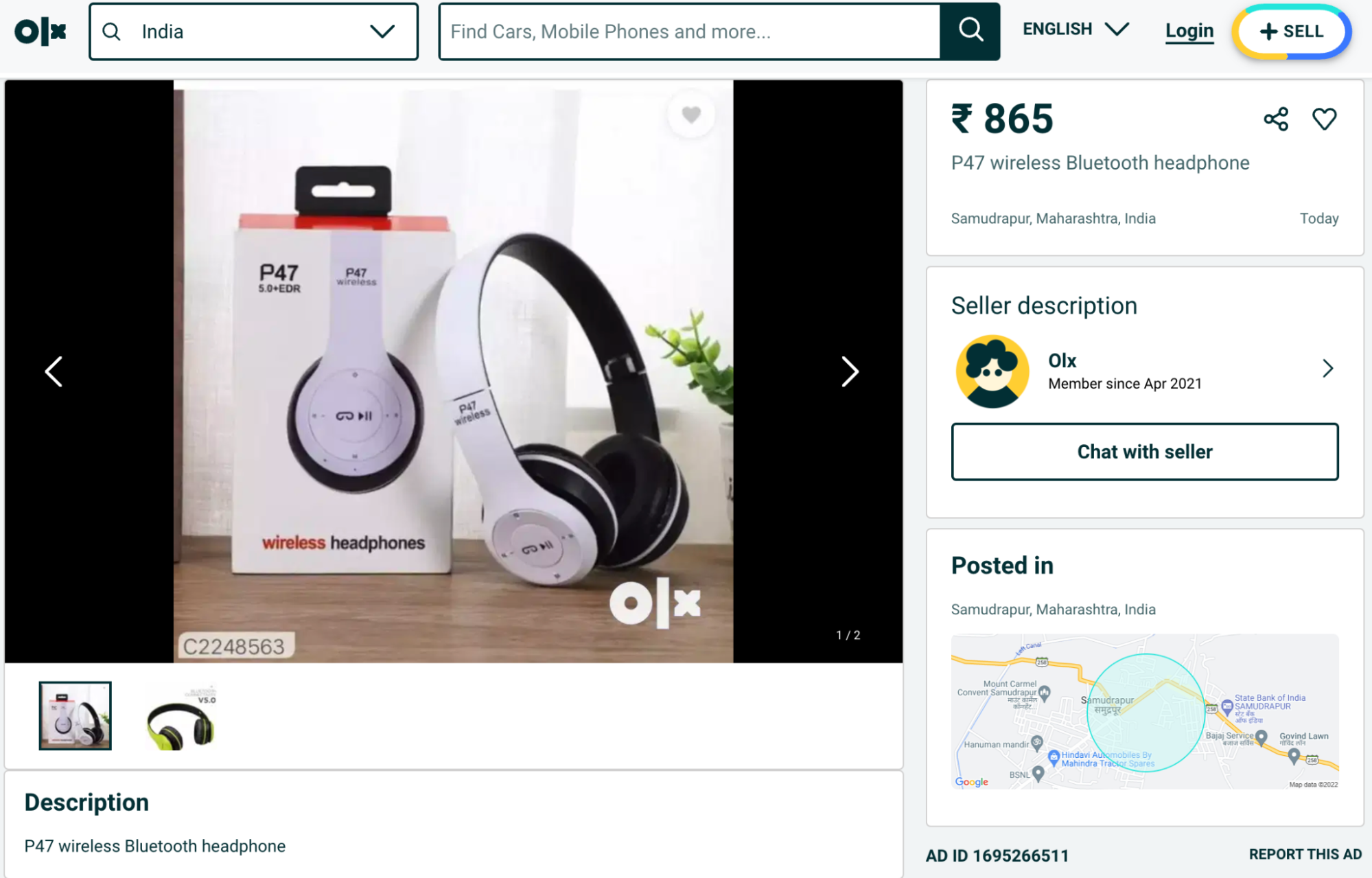 OLX product listing for bluetooth wireless headphones. 