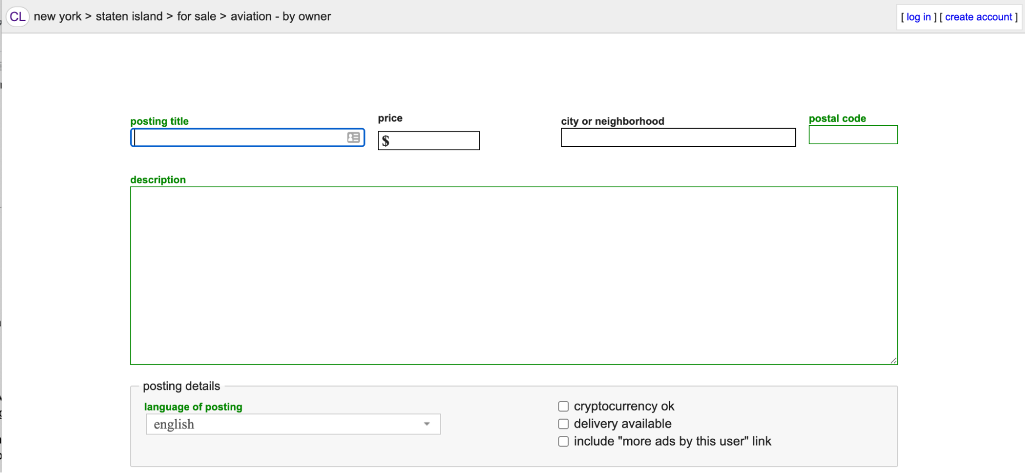 Screenshot of Craigslist website when adding a new listing