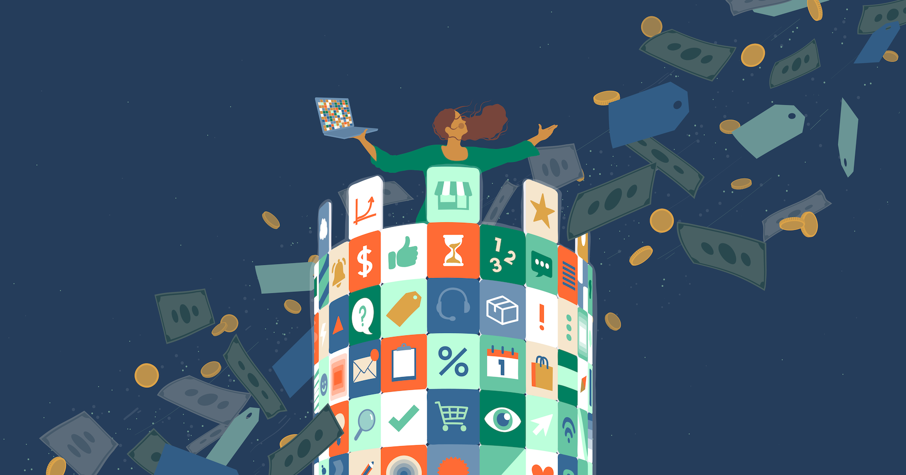 Illustration of a woman standing amongst icons for the best free Shopify apps available