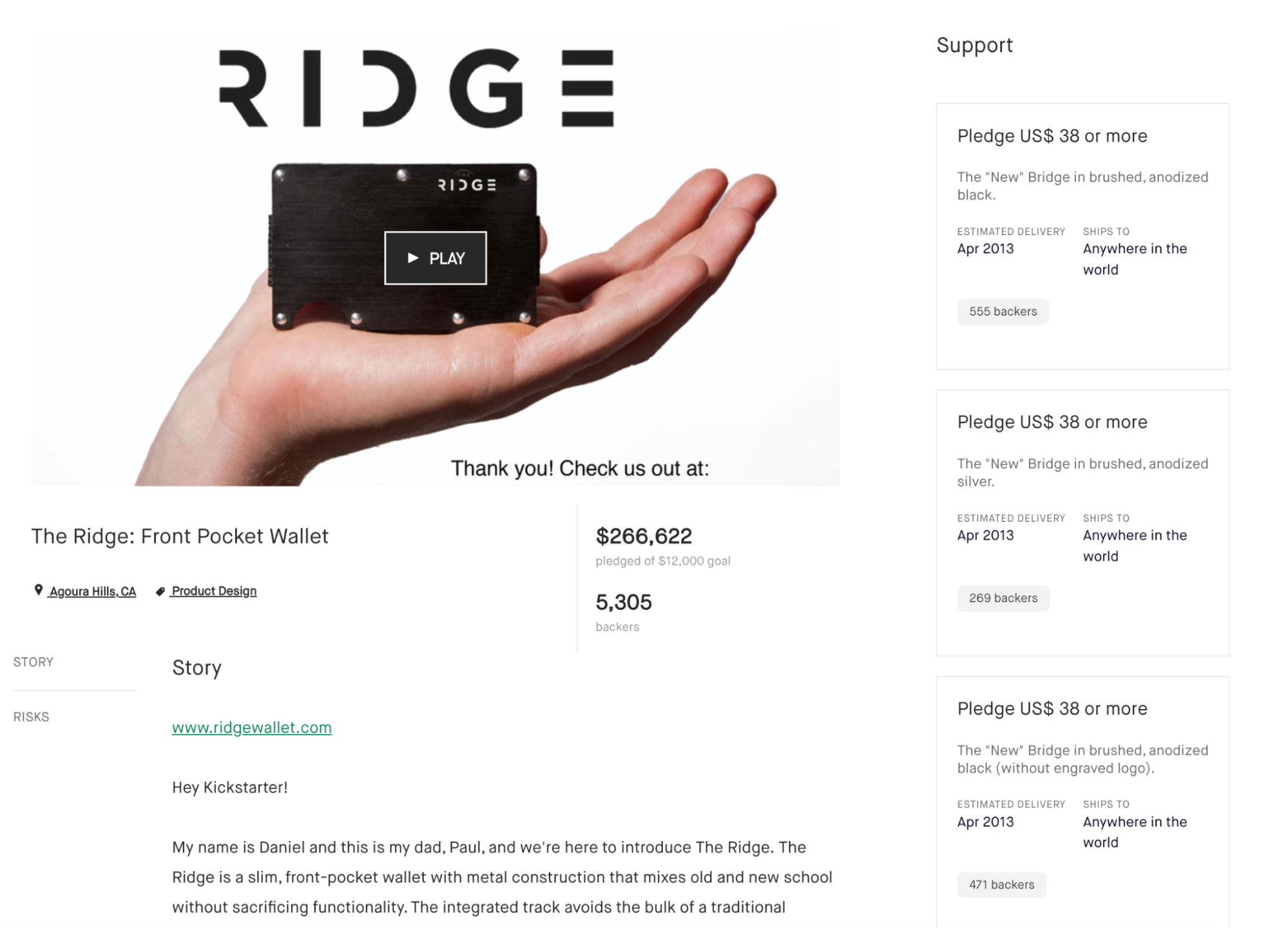 The Ridge Wallet’s Kickstarter campaign page, showing $266,622 in pledges from 5,300+ backers.