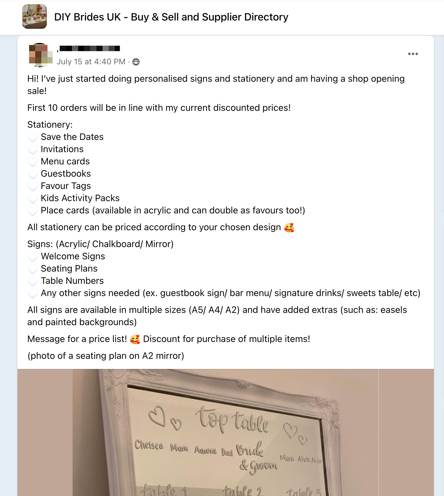 Entrepreneur promoting their wedding stationery in a Facebook group for UK brides. 