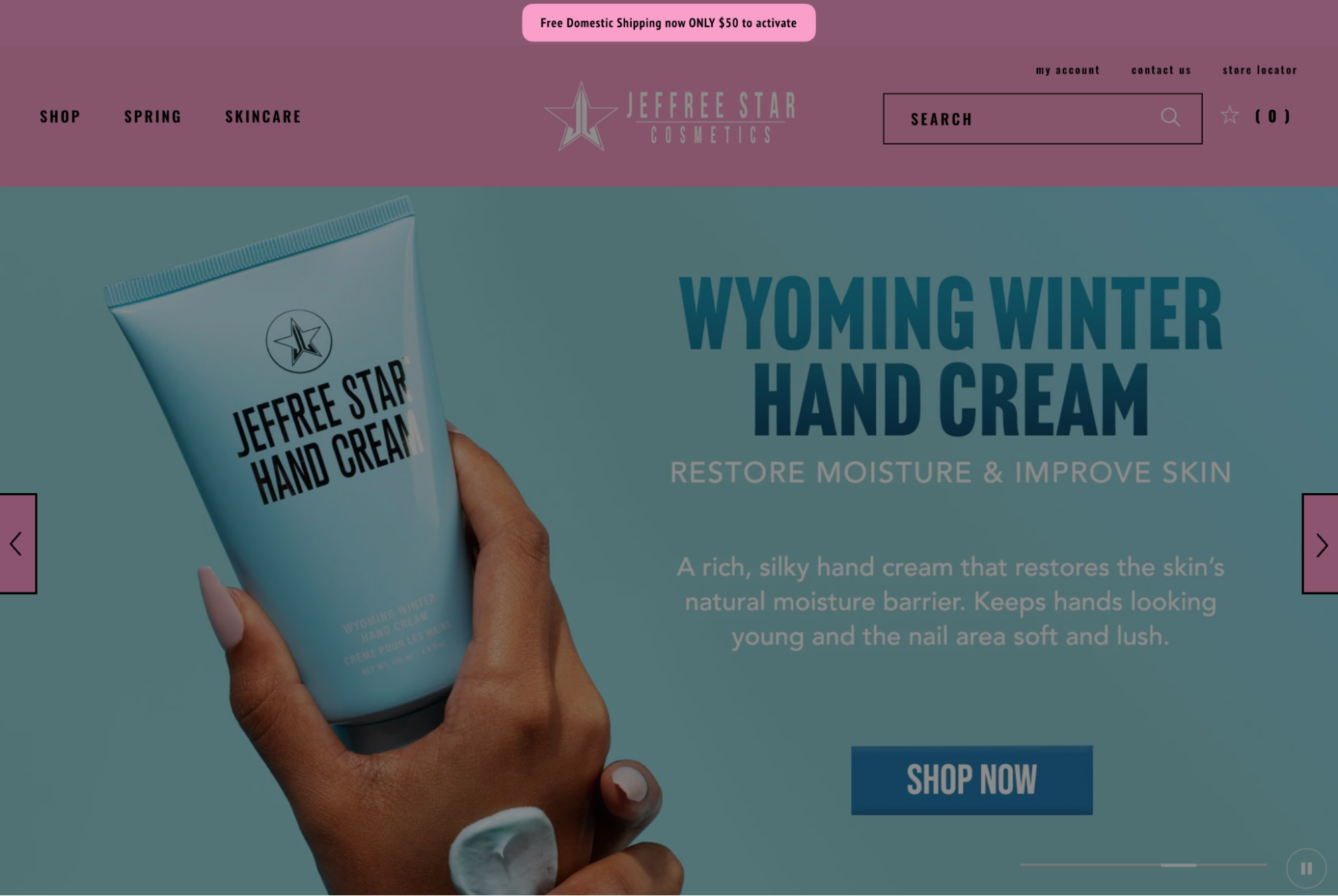 Screenshot of Jeffree Star Cosmetics website offering free shipping.