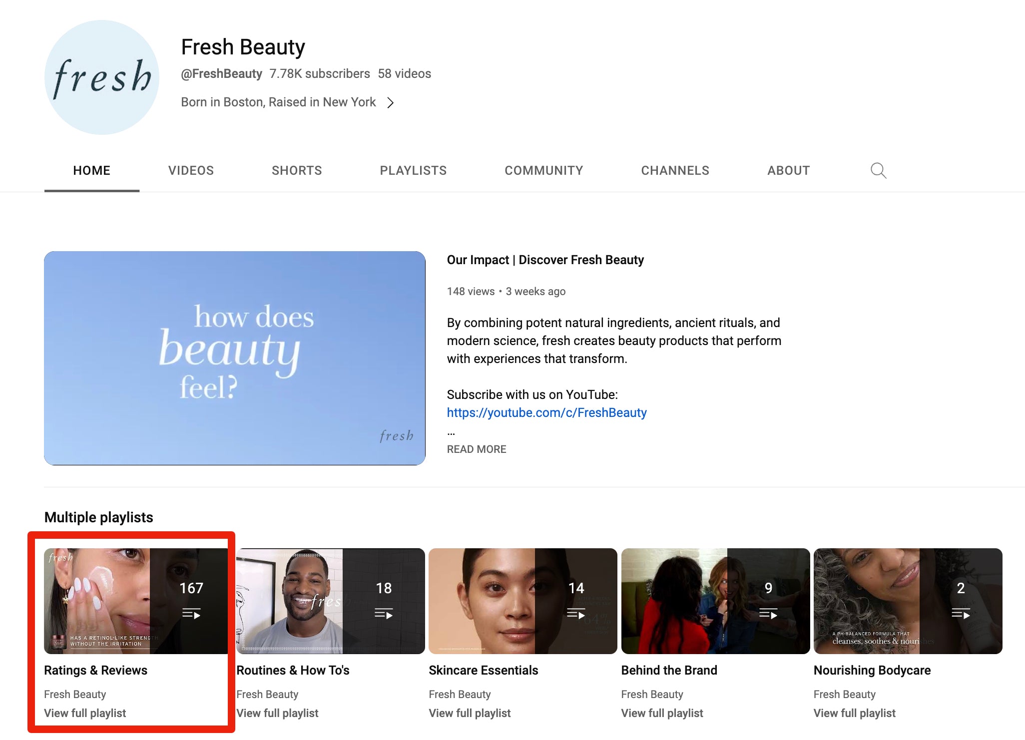 Screengrab of a YouTube channel for Fresh Beauty