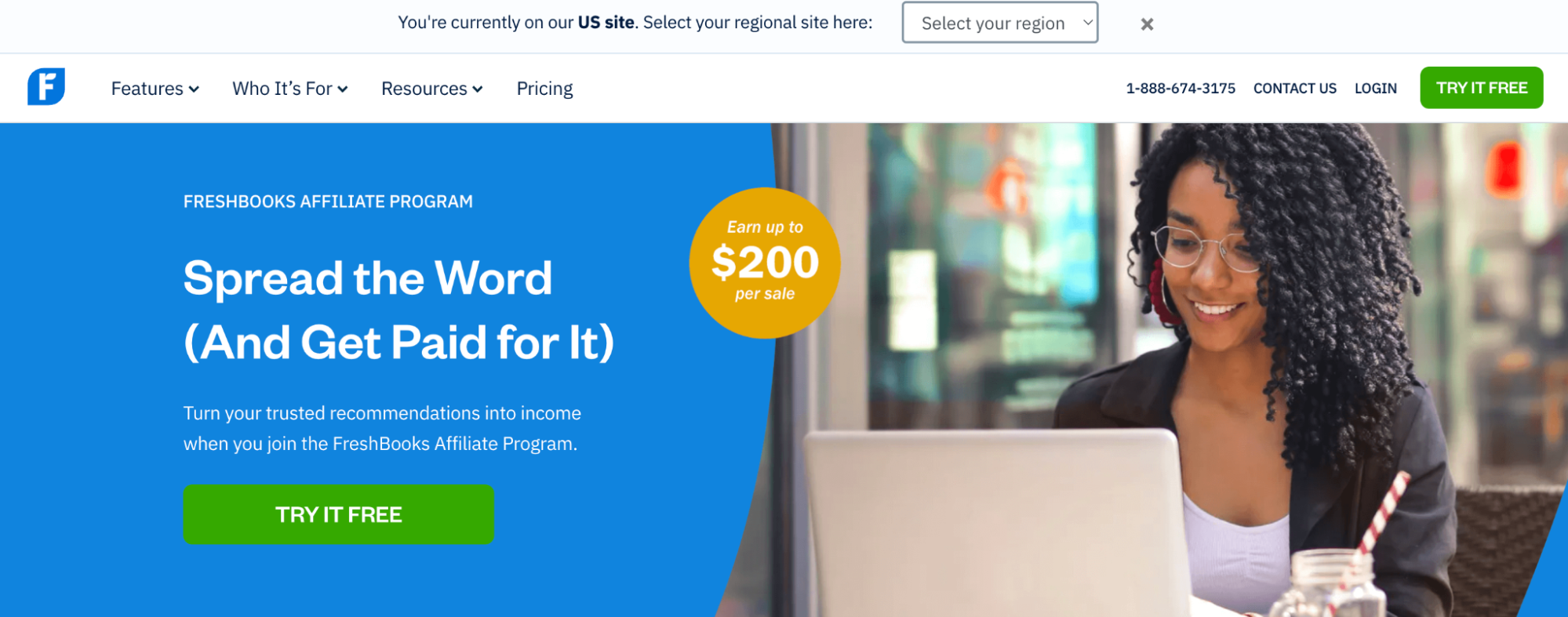 Landing page for Freshbooks’ affiliate program showing up to $200 commission per sale.