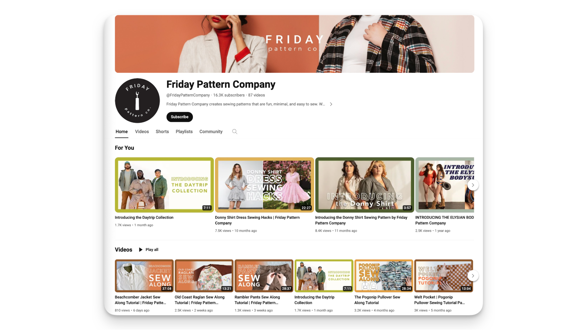 Screenshot of Friday Pattern Company’s YouTube channel page with two rows of videos