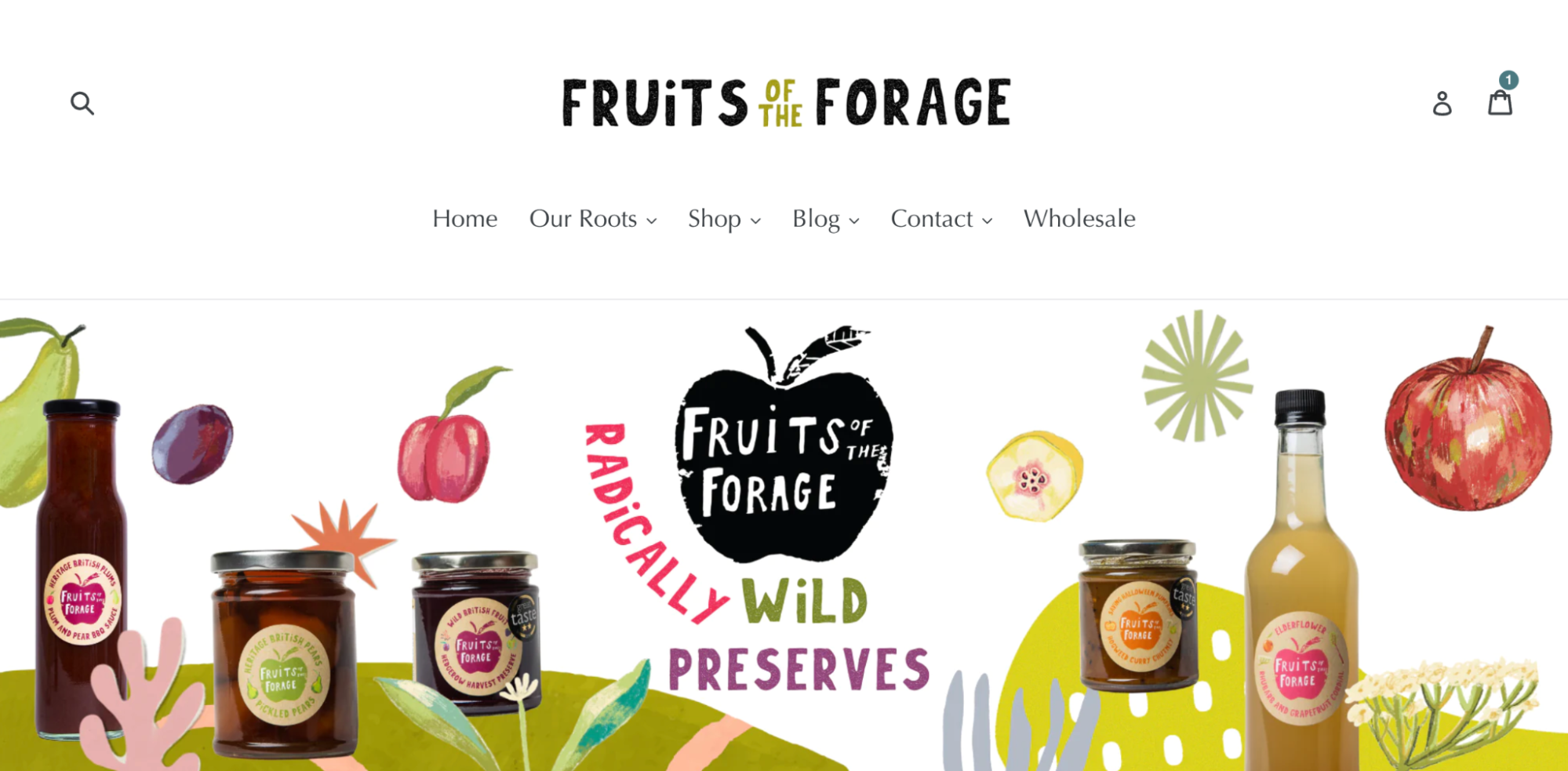 Fruits of the Forage homepage with product images of fruit, jarred preserves, and their logo