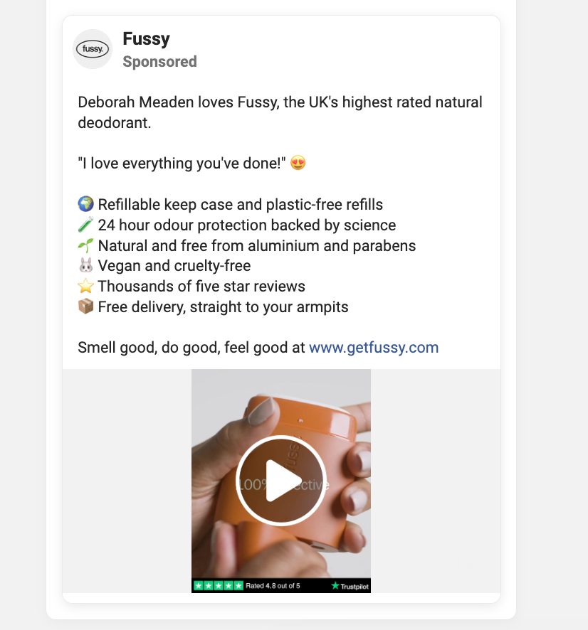 Facebook video ad showing someone using deodorant with a quote from influencer Deborah Meaden.