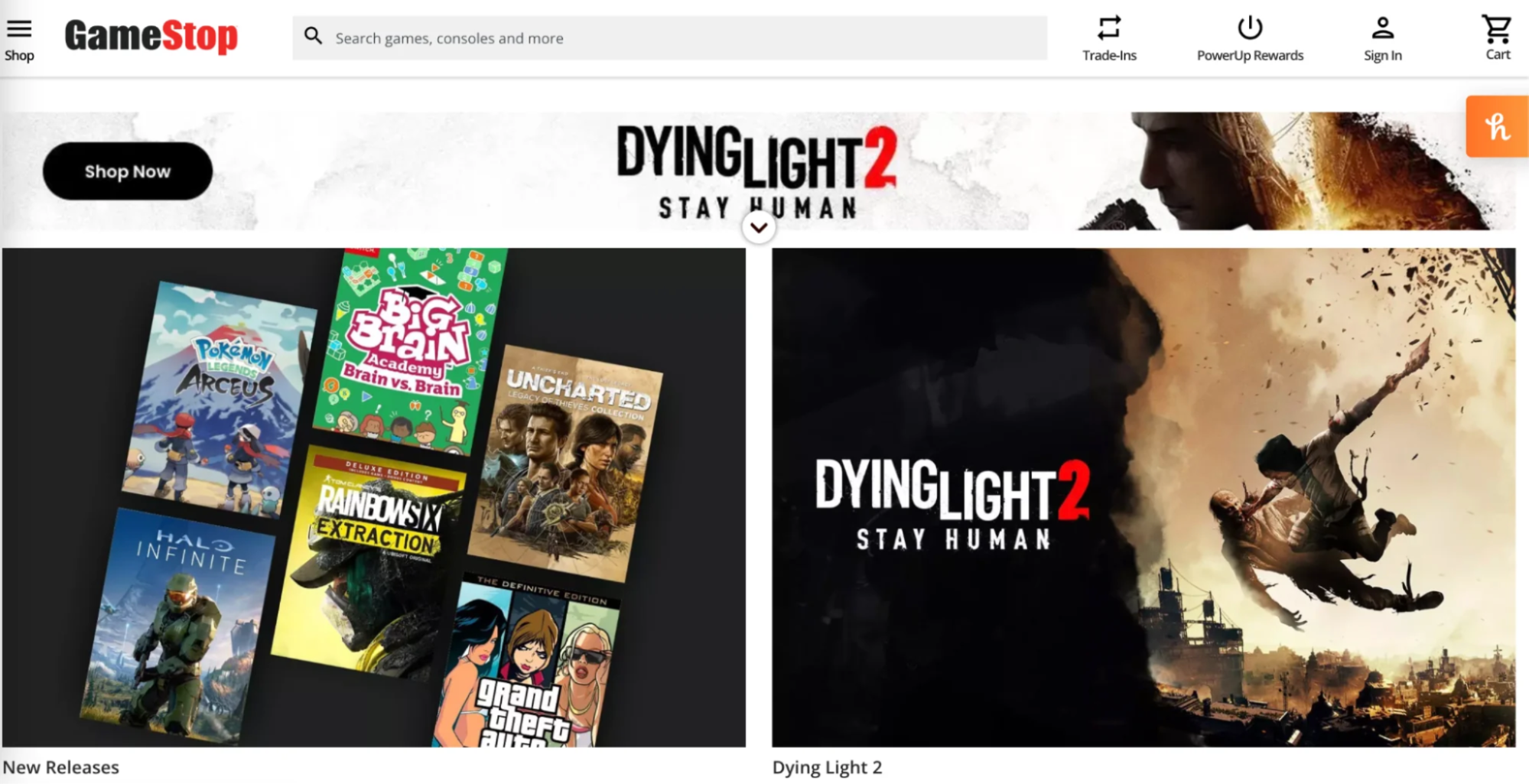 Gamestop homepage with hero images showing popular video games such as Dying Light 2 and Uncharted.