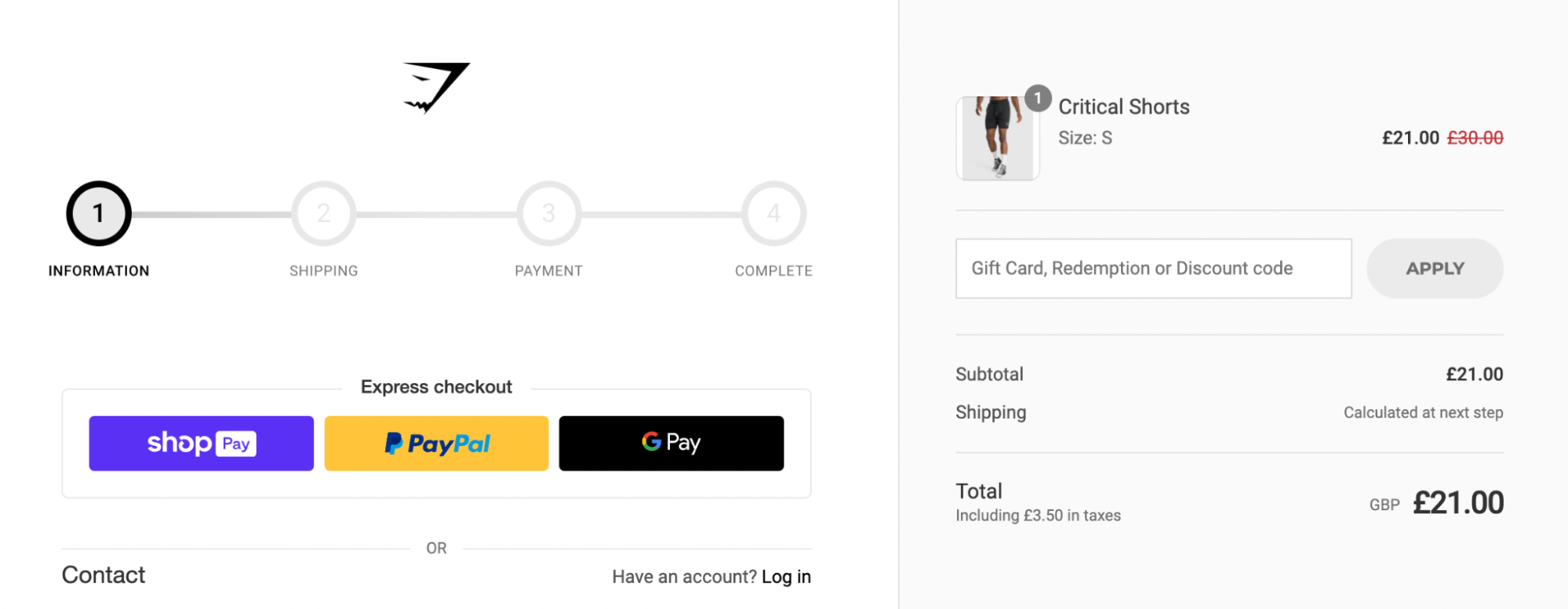 Gymshark’s UK online store showing a £21 product in the cart.