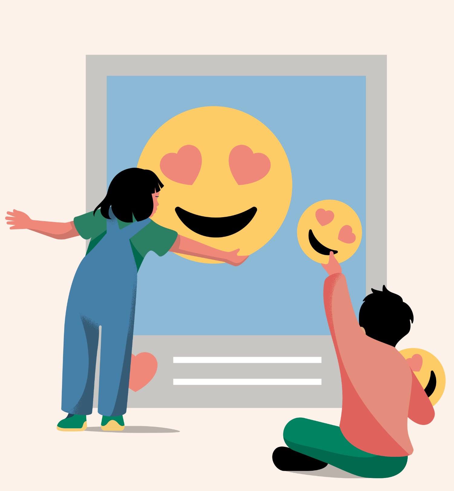 Illustration of children playing with emojis on an oversized tablet screen