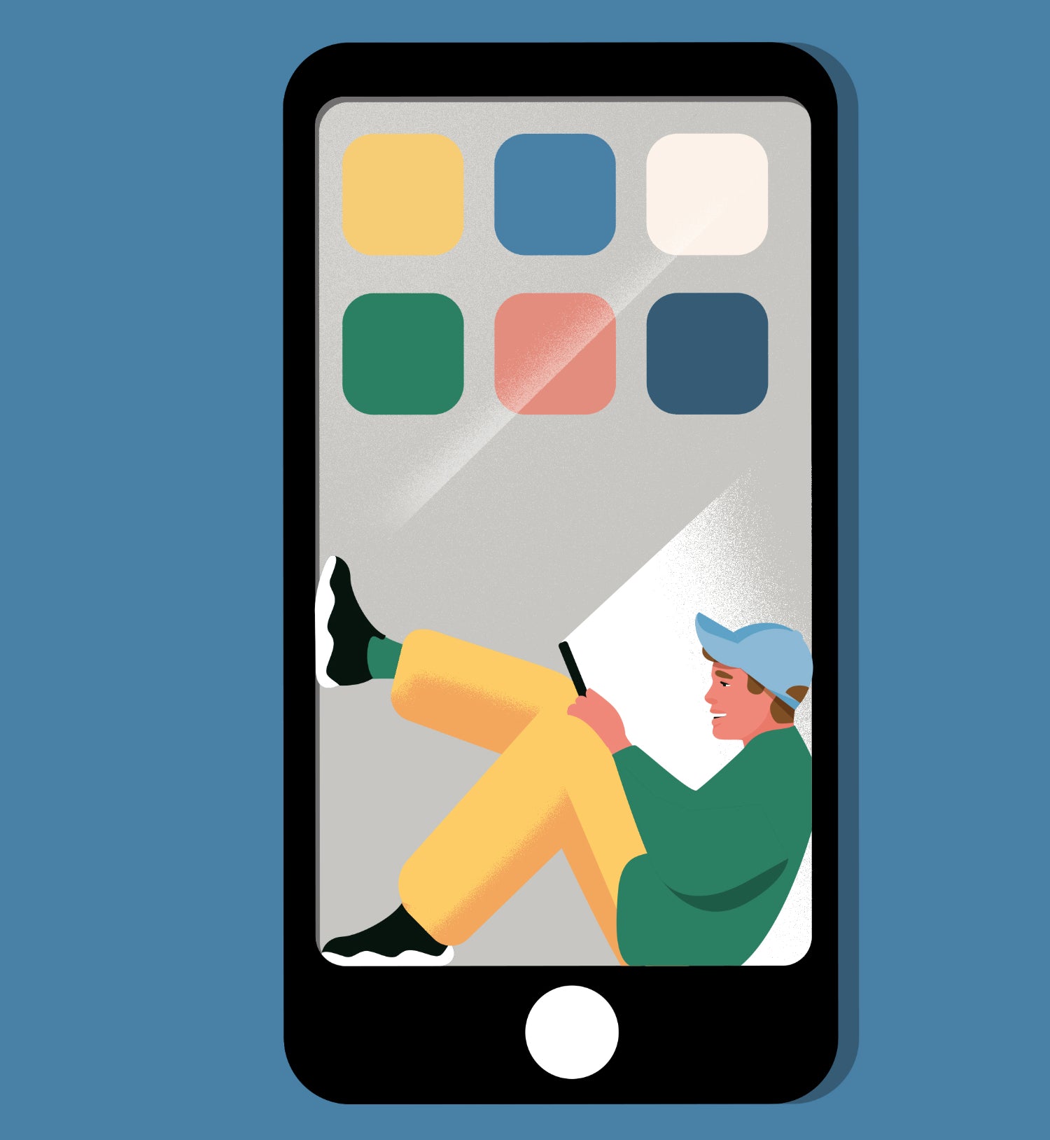 Illustration of a child sitting inside a cubby that resembles a smartphone screen