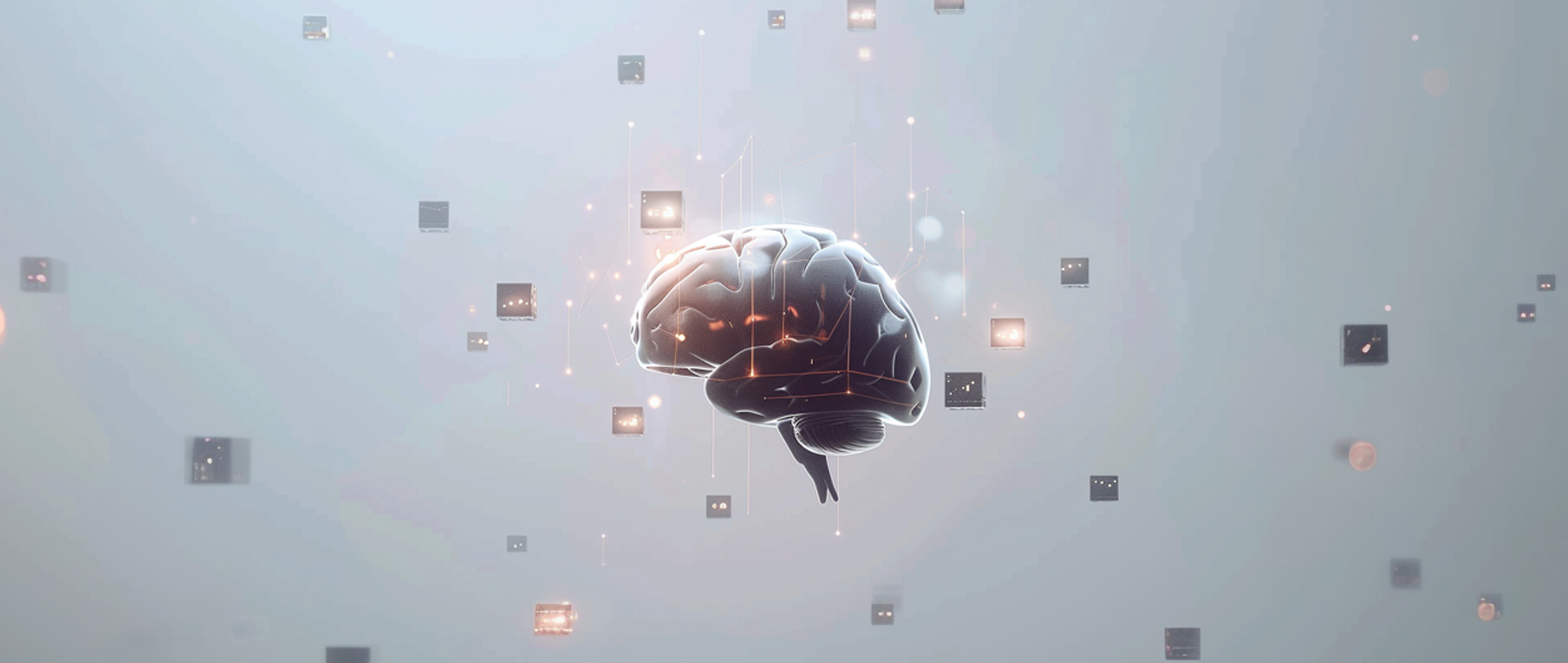 A brain suspended with technology lines and shapes surrounding it on a grey background.