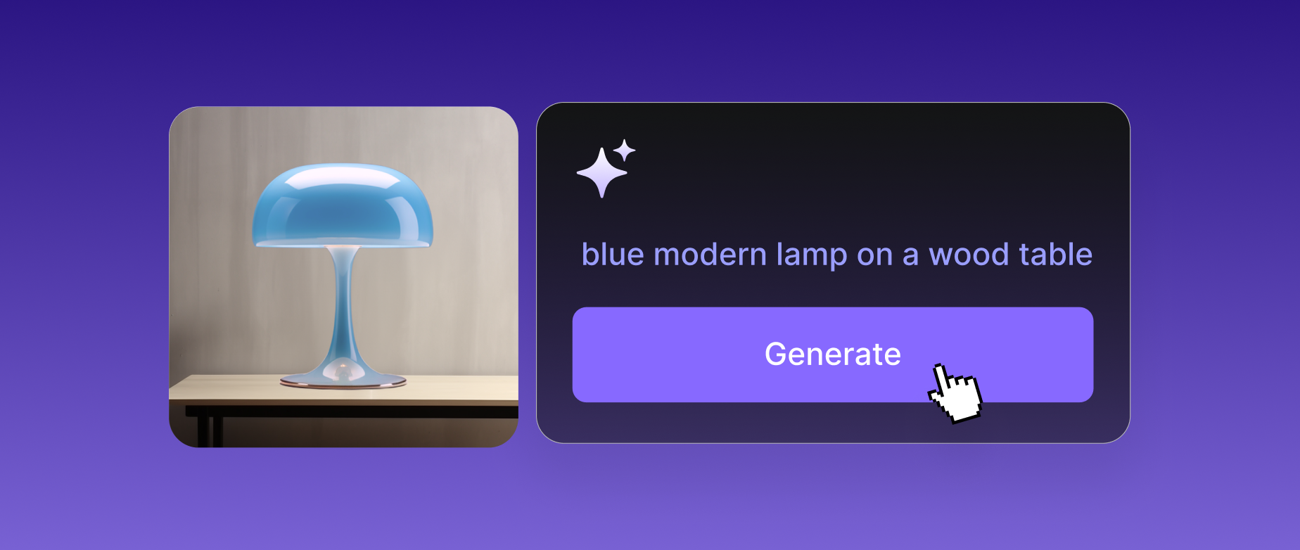 An image result next to a prompt for a blue modern lamp on a wood table from generative AI.