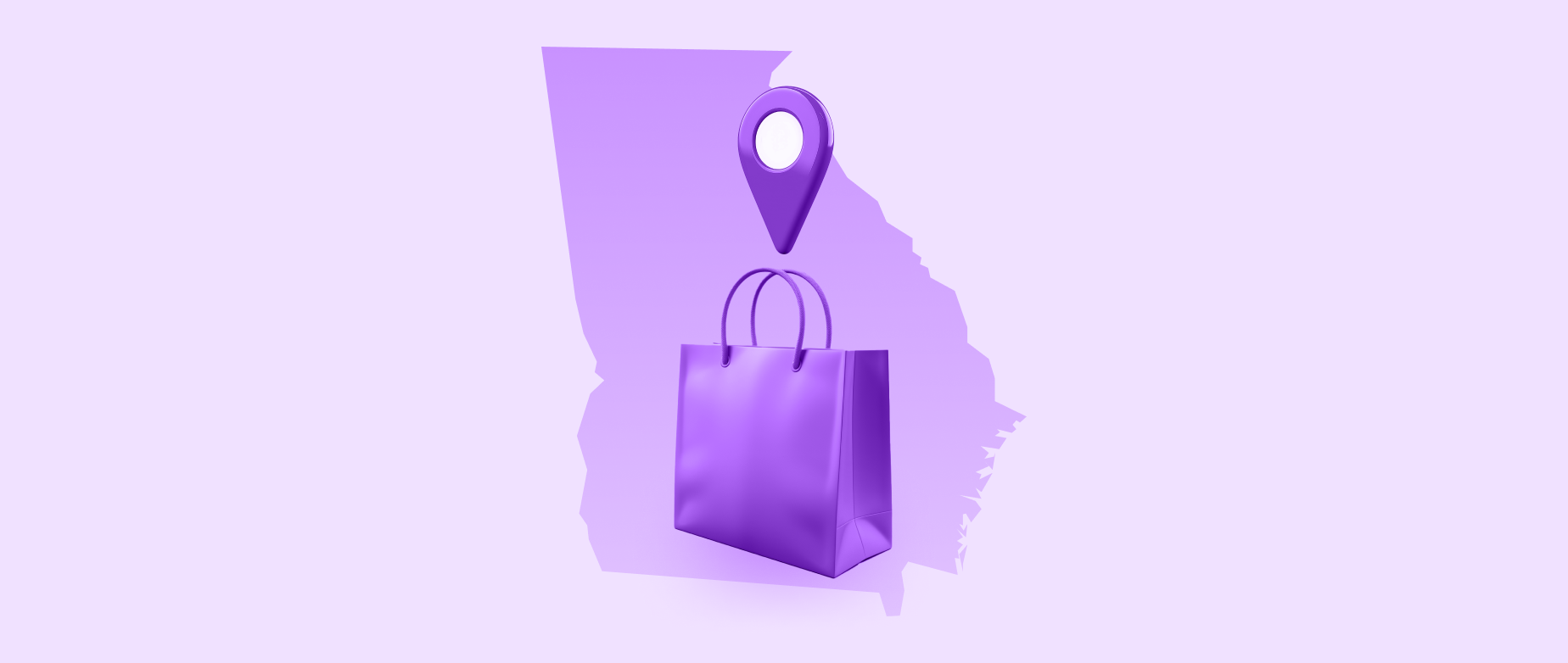 A purple outline of the state of Georgia with a shopping bag and a location icon on a light purple background.