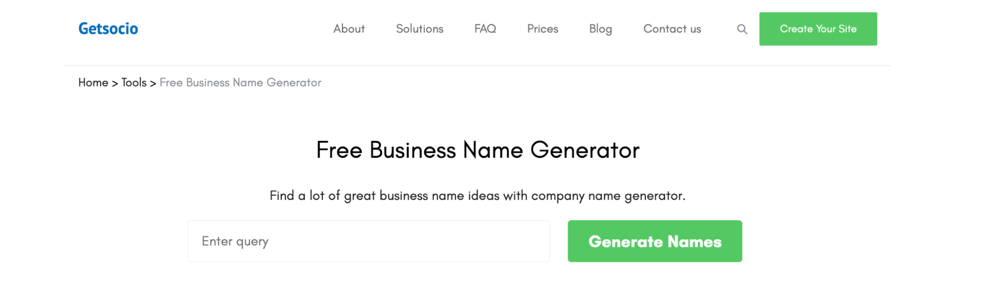 Getsocio free business name generator with search bar and button to generate names.