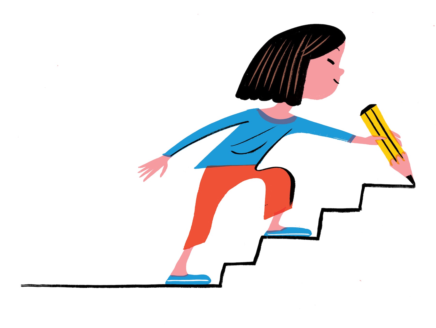 Illustration of a young girl walking up steps that she is drawing, as a metaphor for carving her own path forward.