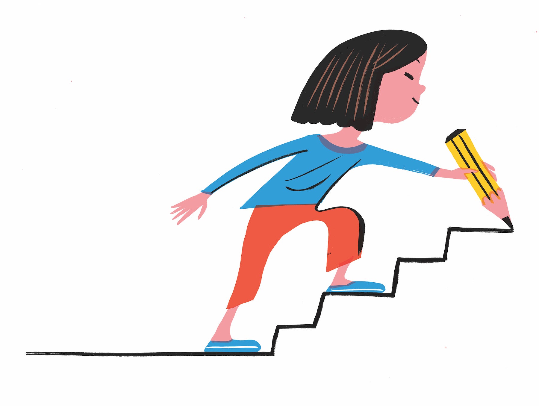 Illustration of a young asian girl walking up steps that she is drawing herself. This is a metaphor for starting her own business and creating her own path. . 