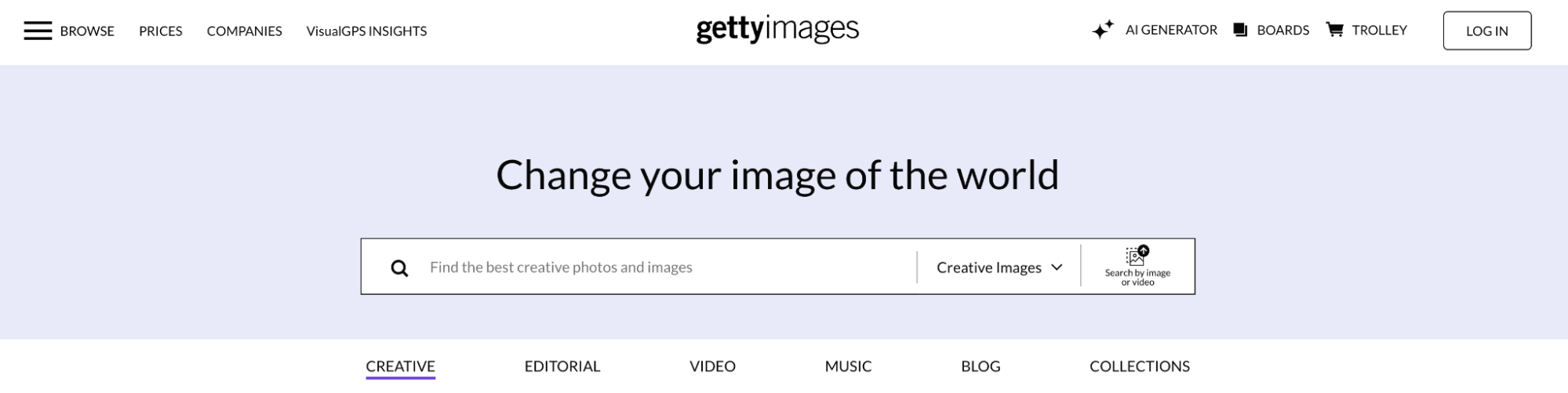Screenshot of Getty Images stock photo site homepage