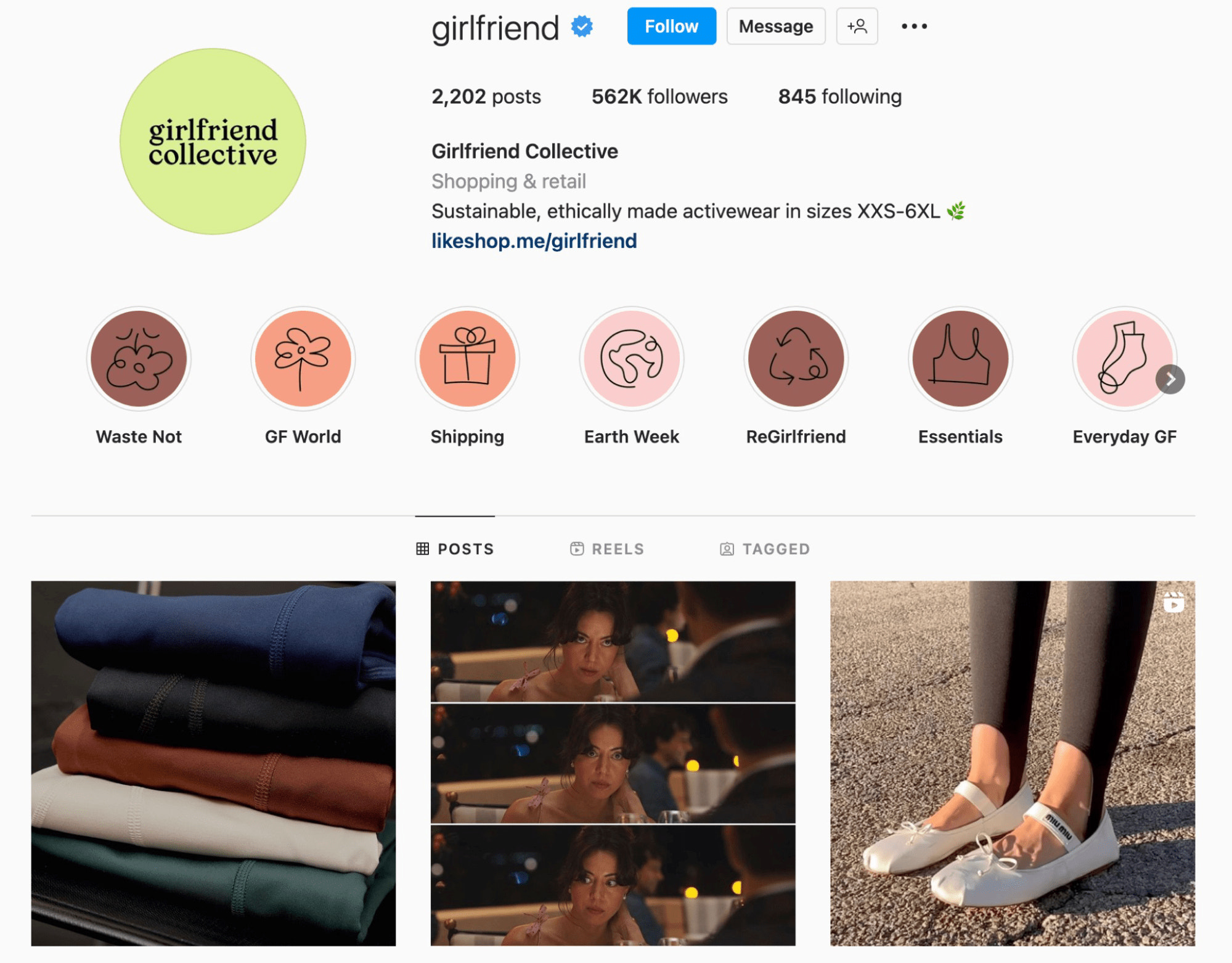 A screenshot of the girlfriend collective instagram profile showing how their color palette, voice, and brand is reflecting on social media