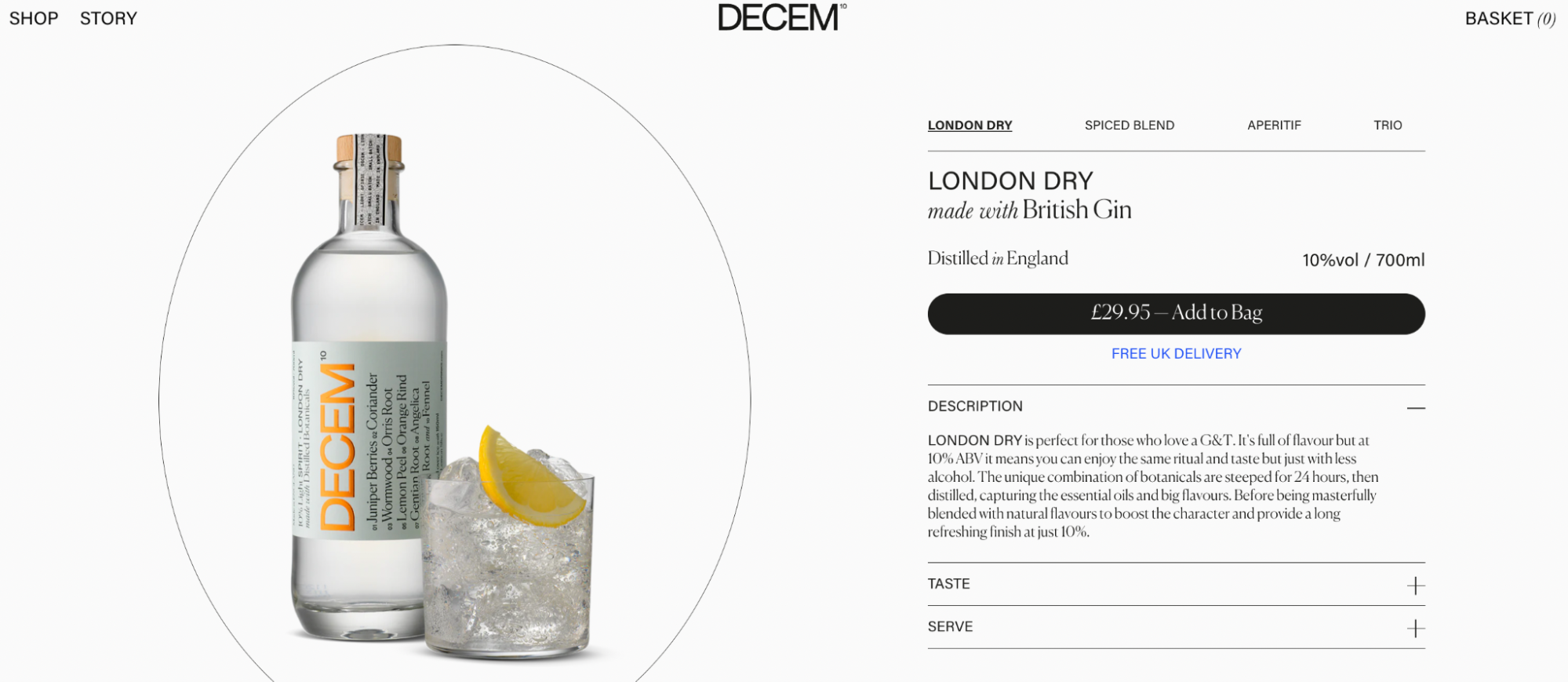 A London dry gin from Decem with a 10% ABV picture in a clear bottle with a glass, ice, and lemon next to it.