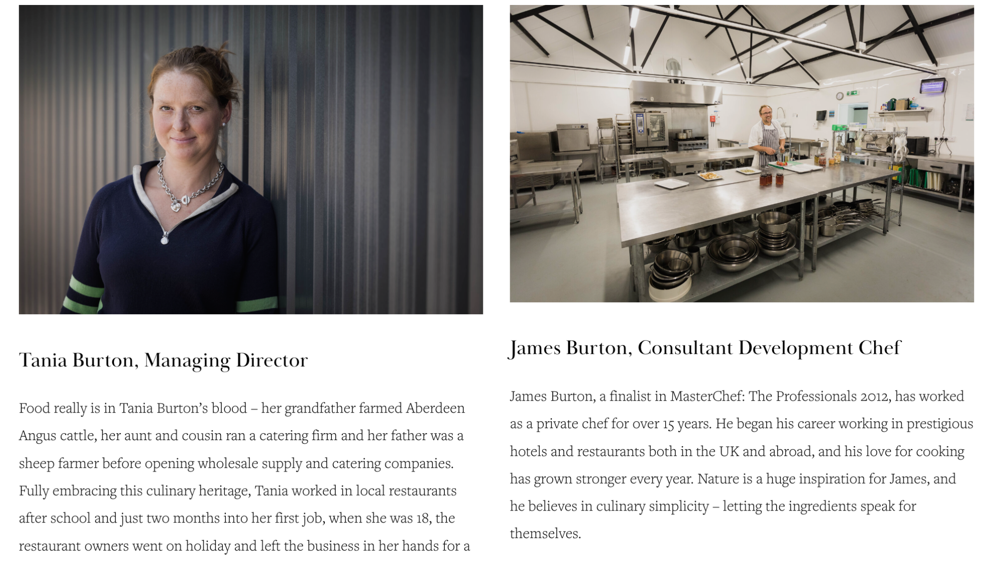 Photos of Tania Burton and a catering kitchen.