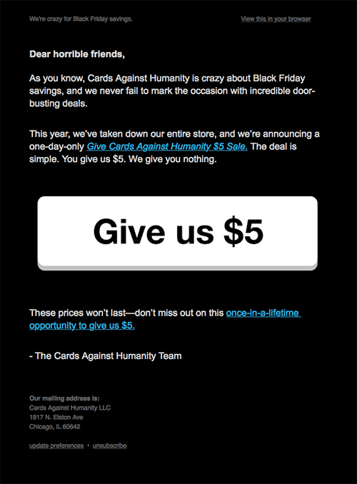 A Black Friday email from Cards Against Humanity