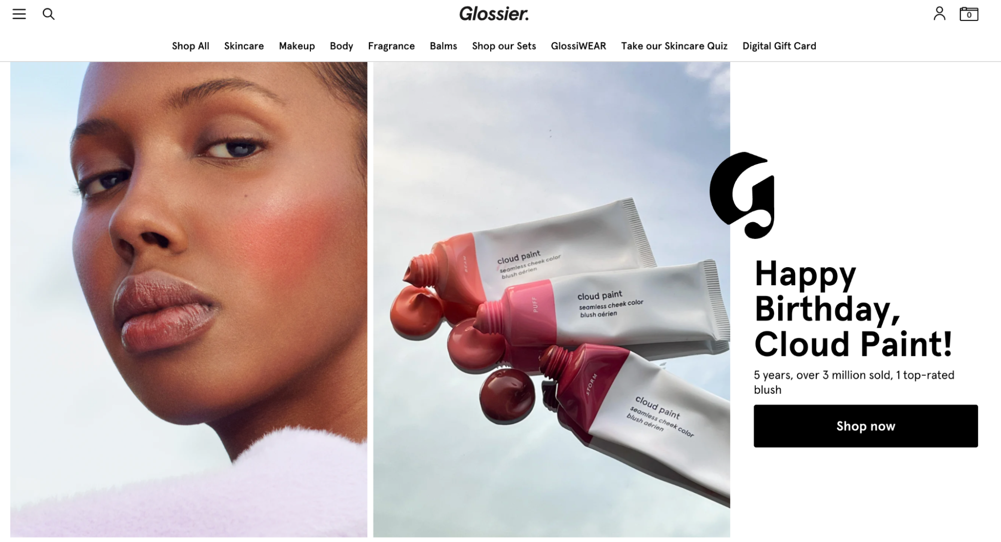 A landing page for Glossier with a model wearing Cloud Paint, the company's blush