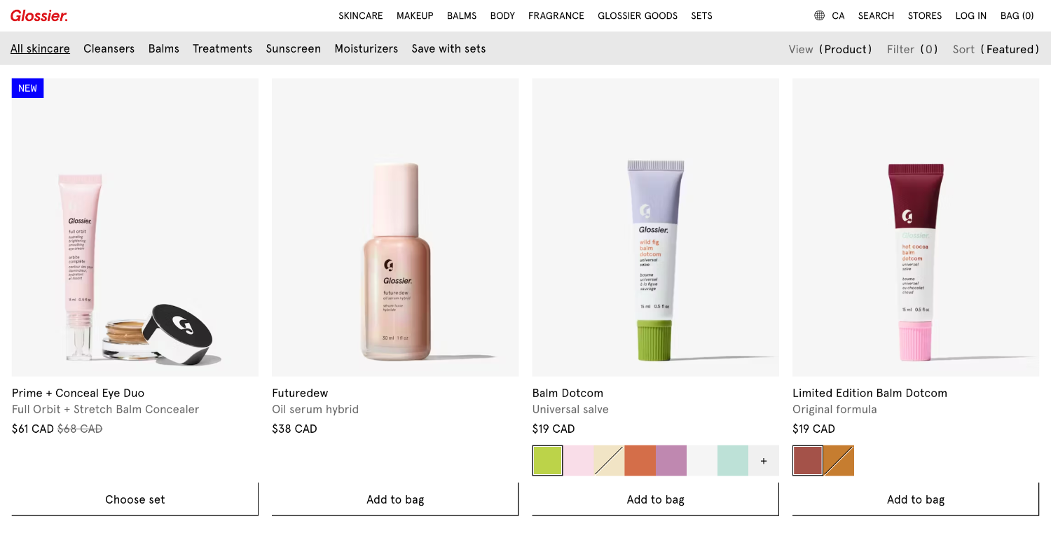 Ecommerce homepage for brand Glossier