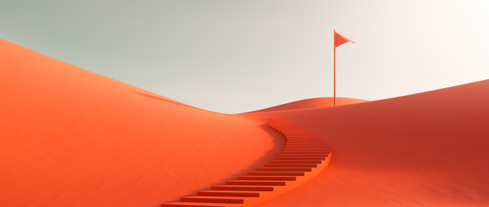 Orange hills with a staircase to an orange flag.