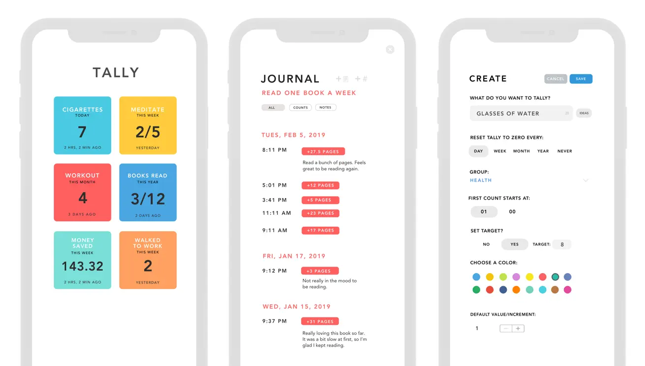 Three mobile views of different user screens in the Tally app