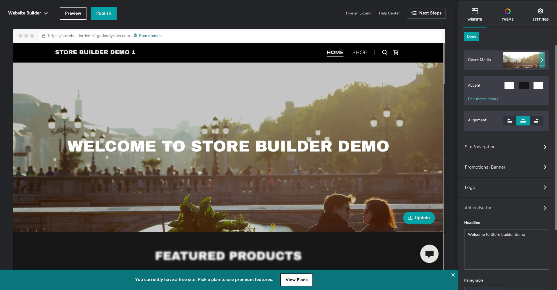 A preview screen of the GoDaddy store builder demo