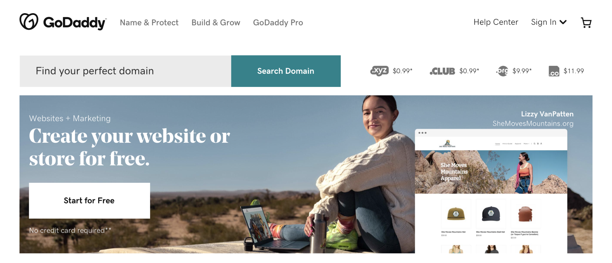 godaddy domains homepage showing a person working on their laptop outdoors.