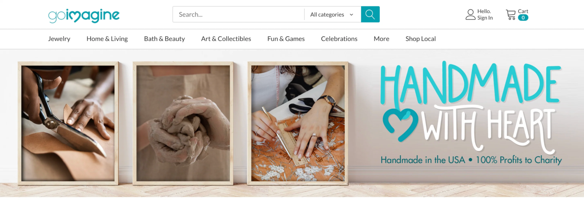 Goimagine homepage with images of craftspeople cutting leather, shaping clay, and measuring fabric.