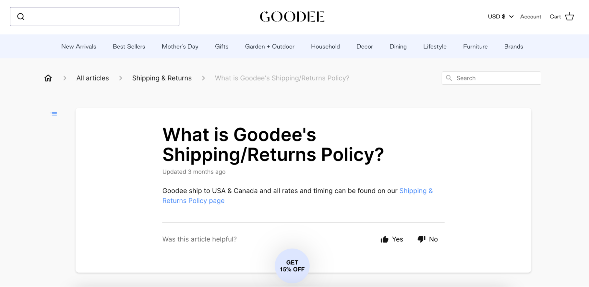 Goodee’s shipping and returns policy web page.