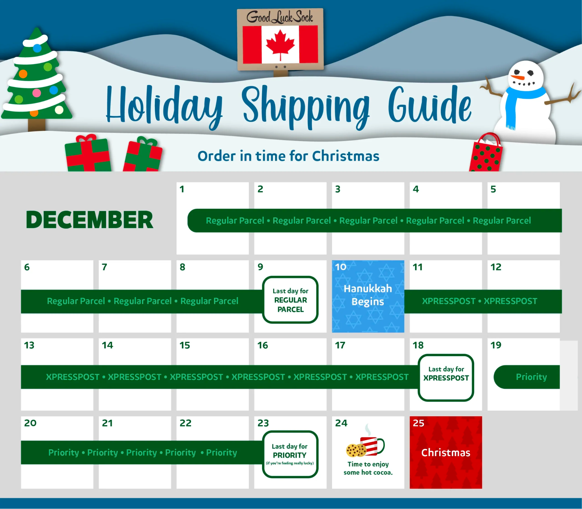 A shipping calendar from Good Luck Sock shows shoppers when to buy