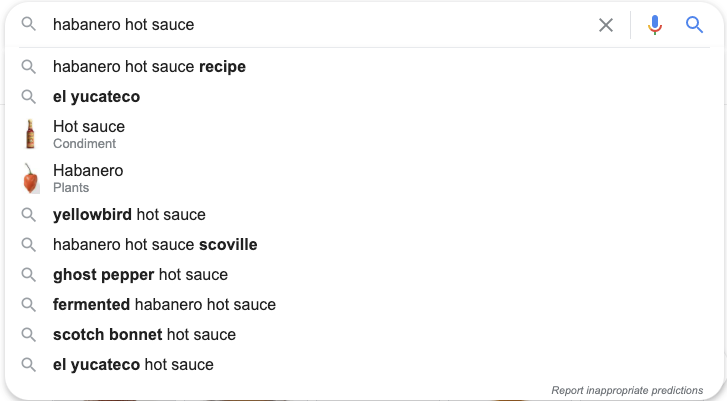 Example of using autocomplete from Google for keyword research ideas