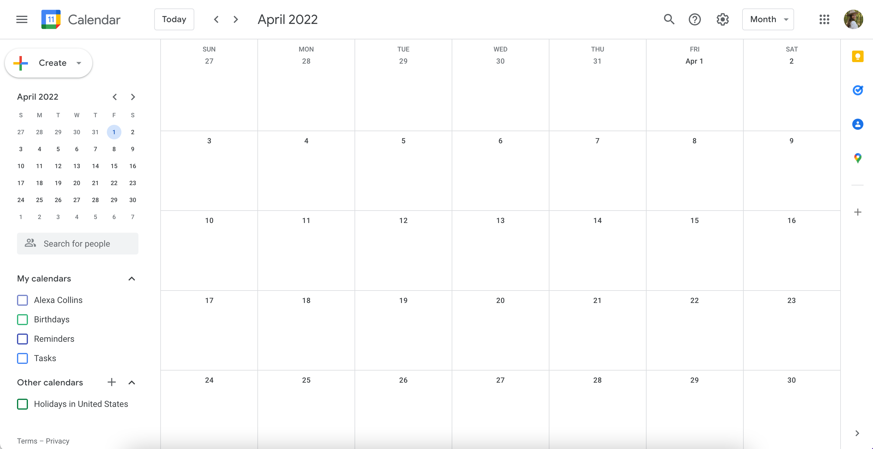 A screenshot of a blank Google Calendar