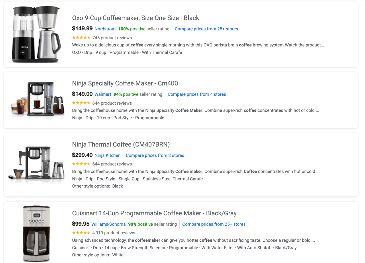 Example of the product description in Google for Shopping ads. A vertical display with each entry having a left aligned image, product title, price and manufacture, and two-three line product description