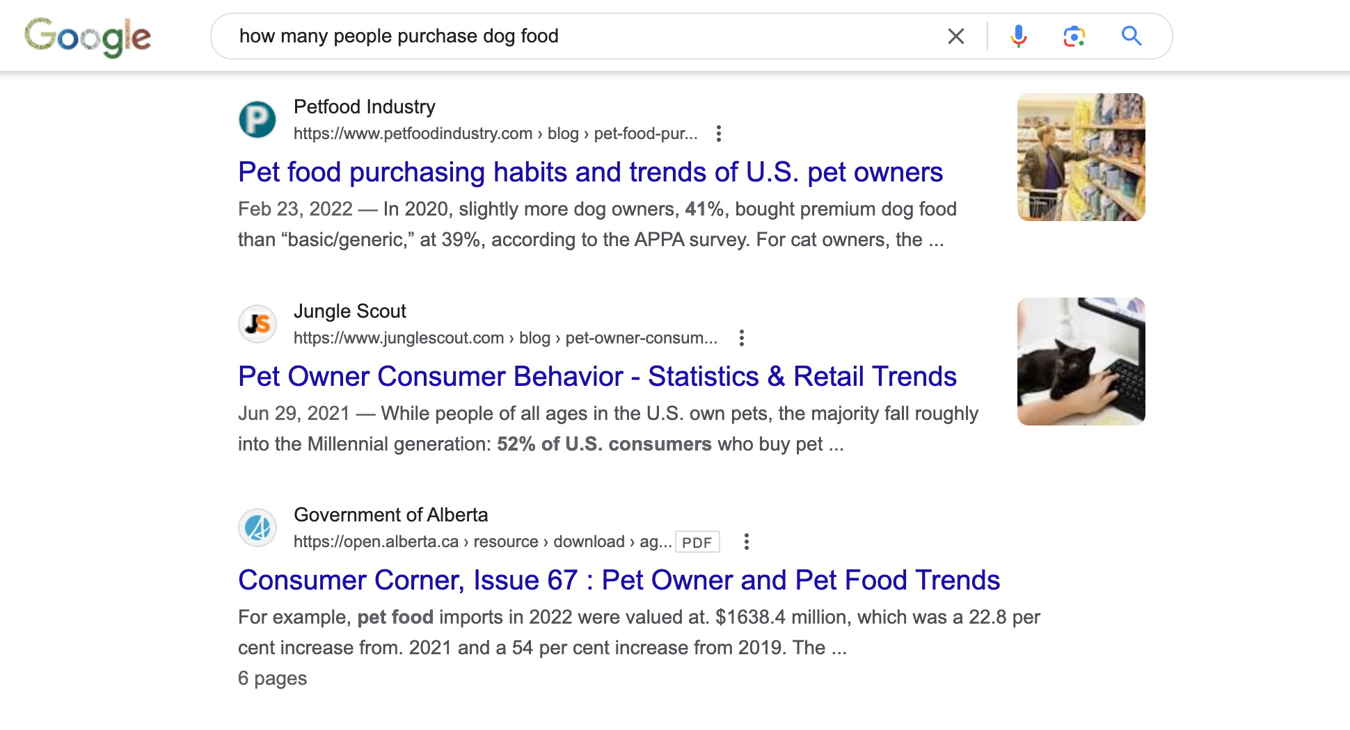 Search result pages for pet food data