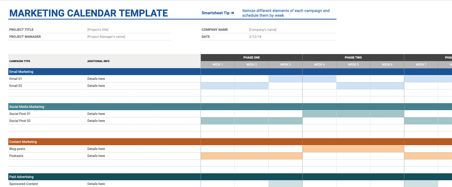 A screenshot of a Smartsheet marketing calendar in Google Sheets