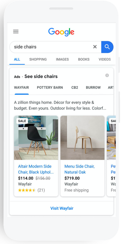 Example of how Google's showcase shopping ads appear