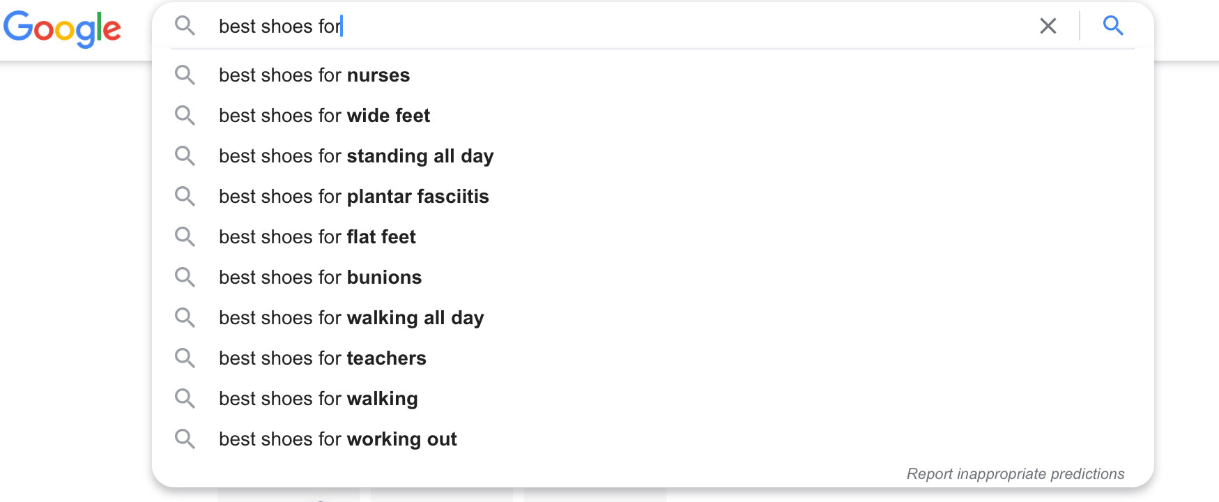Image of a Google search autocomplete querying “best shoes for”